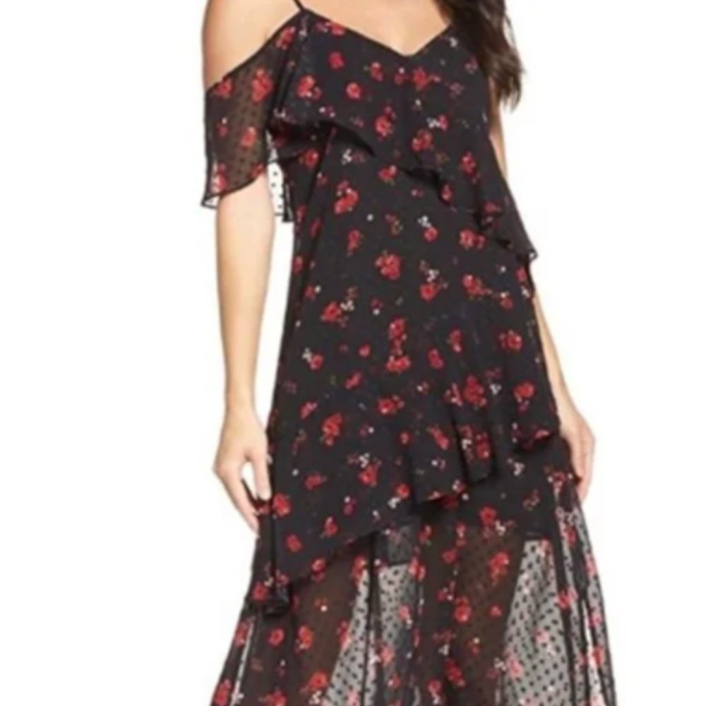 BARDOT black and red floral ruffle midi dress